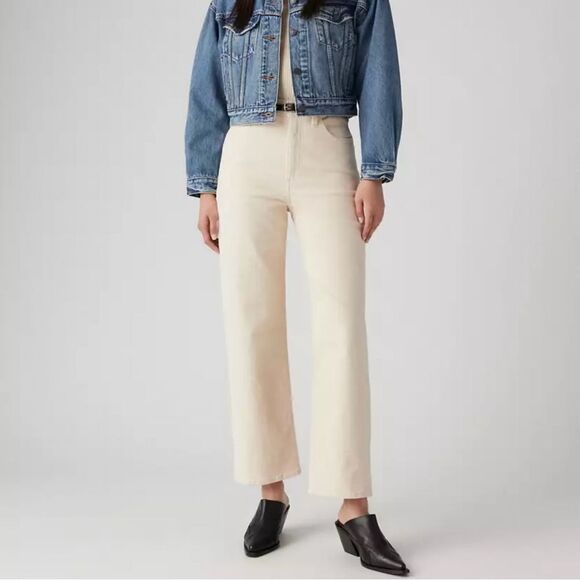 Levi’s Off-White Corduroy Ribcage Straight High Rise Ankle Pants - Picture 1 of 14